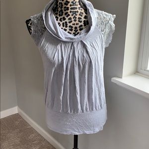 Gray short sleeved cowl neck women’s top.
